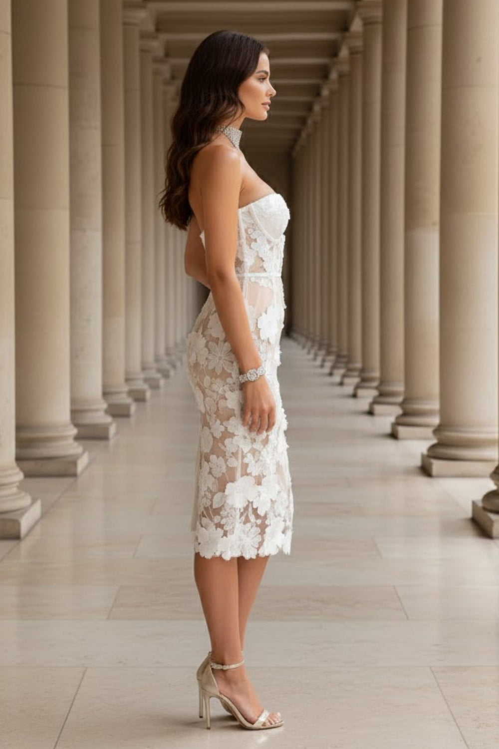 White Bodycon Sweetheart Midi Prom Dress with Lace Flower