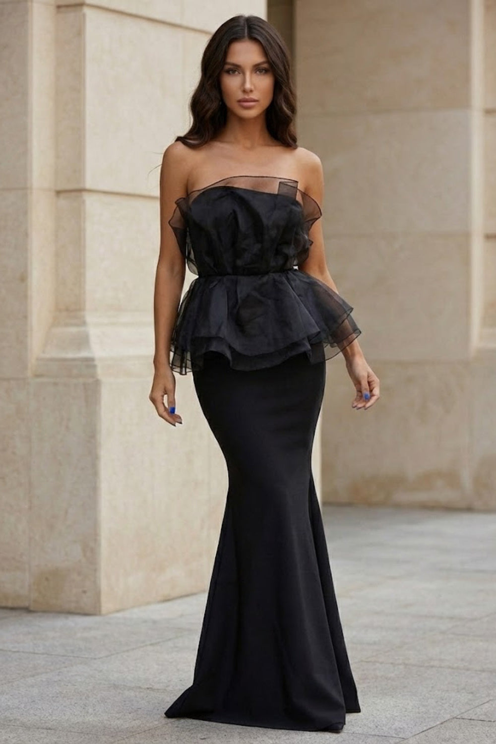 Black Mermaid Strapless Long Formal Dress with Ruffle