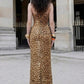 Brown Sheath Sweetheart Long Prom Dress with Leopard Print