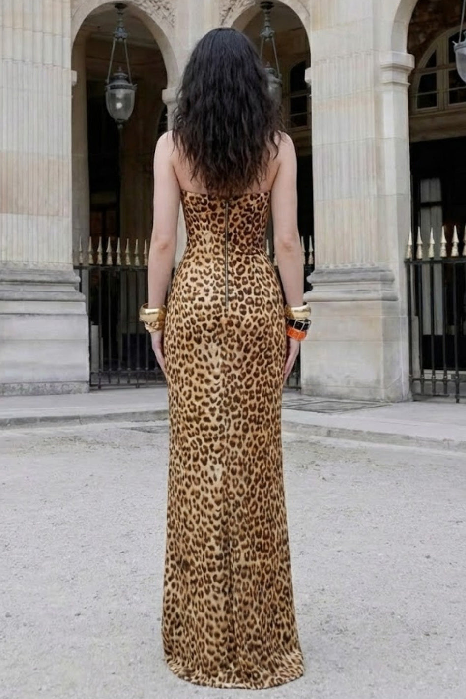 Brown Sheath Sweetheart Long Prom Dress with Leopard Print