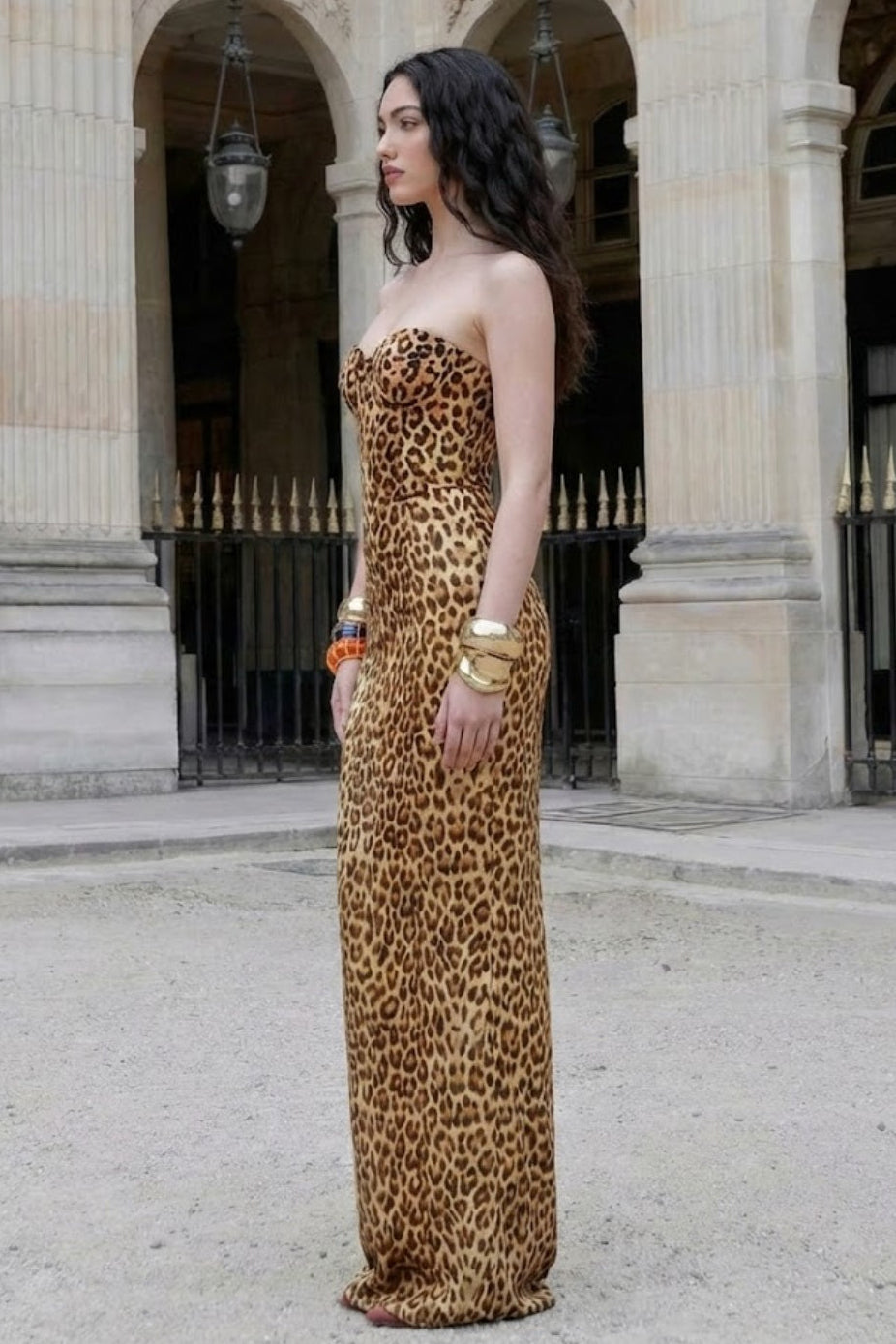 Brown Sheath Sweetheart Long Prom Dress with Leopard Print