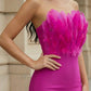 Fuchsia Sheath Strapless Midi Prom Dress with Feathers