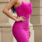 Fuchsia Sheath Strapless Midi Prom Dress with Feathers