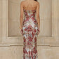 Burgundy Sheath Strapless Long Evening Dress with Floral Print