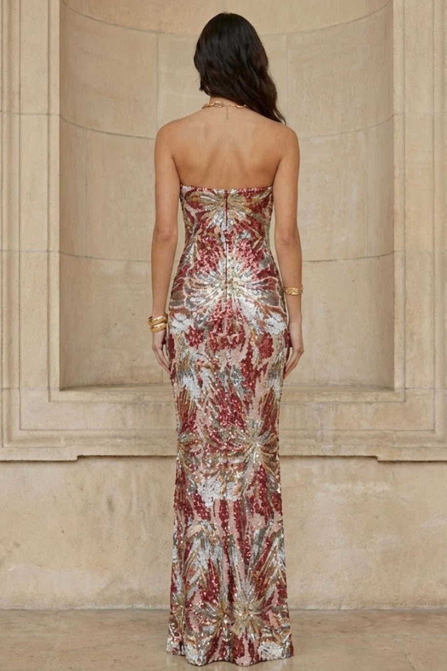 Burgundy Sheath Strapless Long Evening Dress with Floral Print