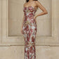 Burgundy Sheath Strapless Long Evening Dress with Floral Print