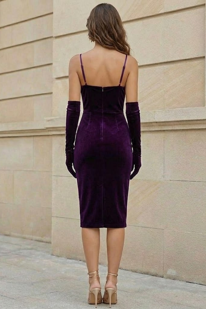 Simple Purple Sheath Spaghetti Straps Midi Prom Dress