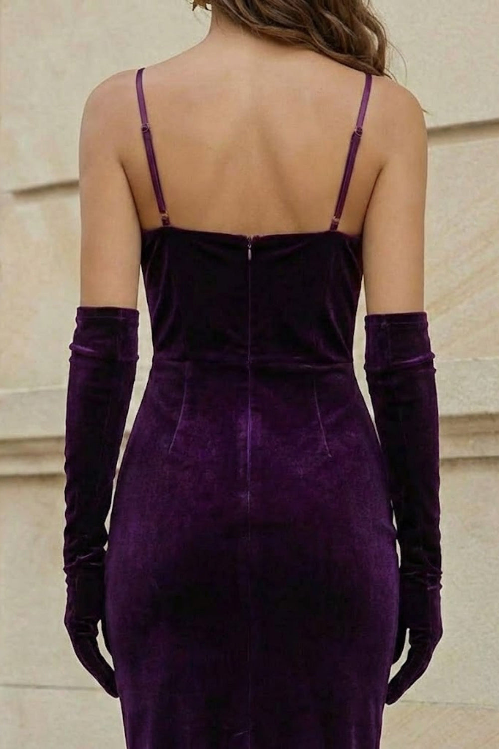 Simple Purple Sheath Spaghetti Straps Midi Prom Dress