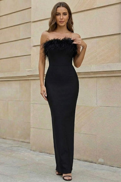 Black Sheath Strapless Long Formal Dress with Feathers