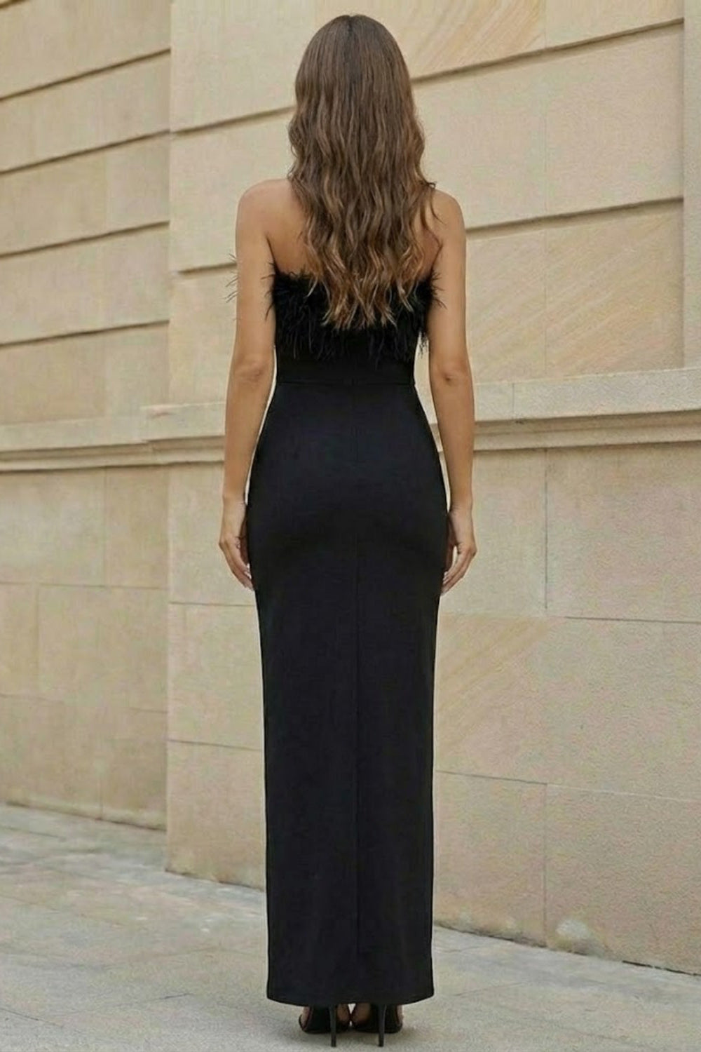 Black Sheath Strapless Long Formal Dress with Feathers