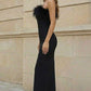 Black Sheath Strapless Long Formal Dress with Feathers