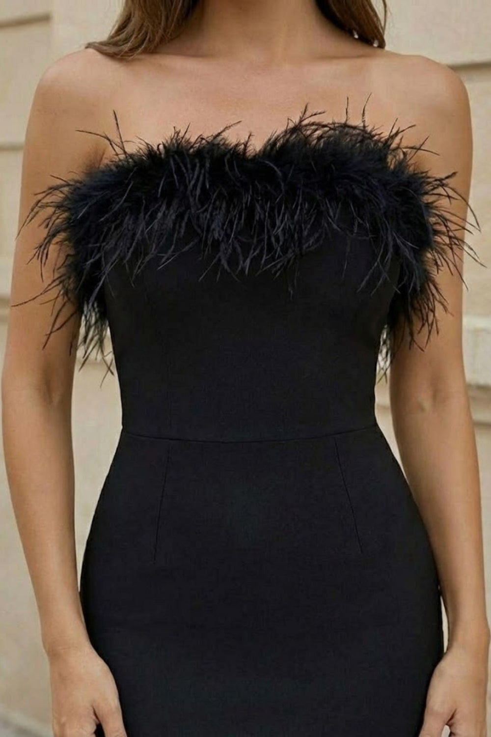 Black Sheath Strapless Long Formal Dress with Feathers