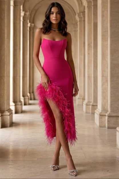 Pink Sheath Strapless Long Prom Dress with Feathers