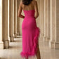 Pink Sheath Strapless Long Prom Dress with Feathers