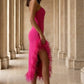 Pink Sheath Strapless Long Prom Dress with Feathers