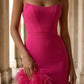 Pink Sheath Strapless Long Prom Dress with Feathers