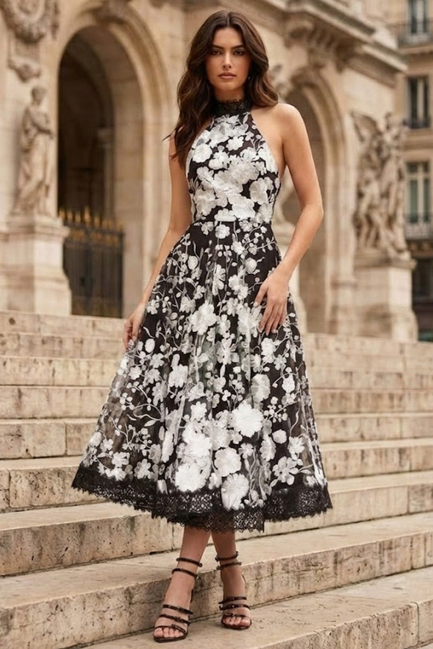 Brown A Line High Neck Midi Prom Dress with Floral Embroidery