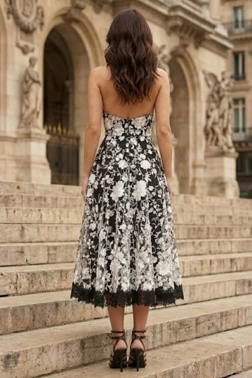 Brown A Line High Neck Midi Prom Dress with Floral Embroidery