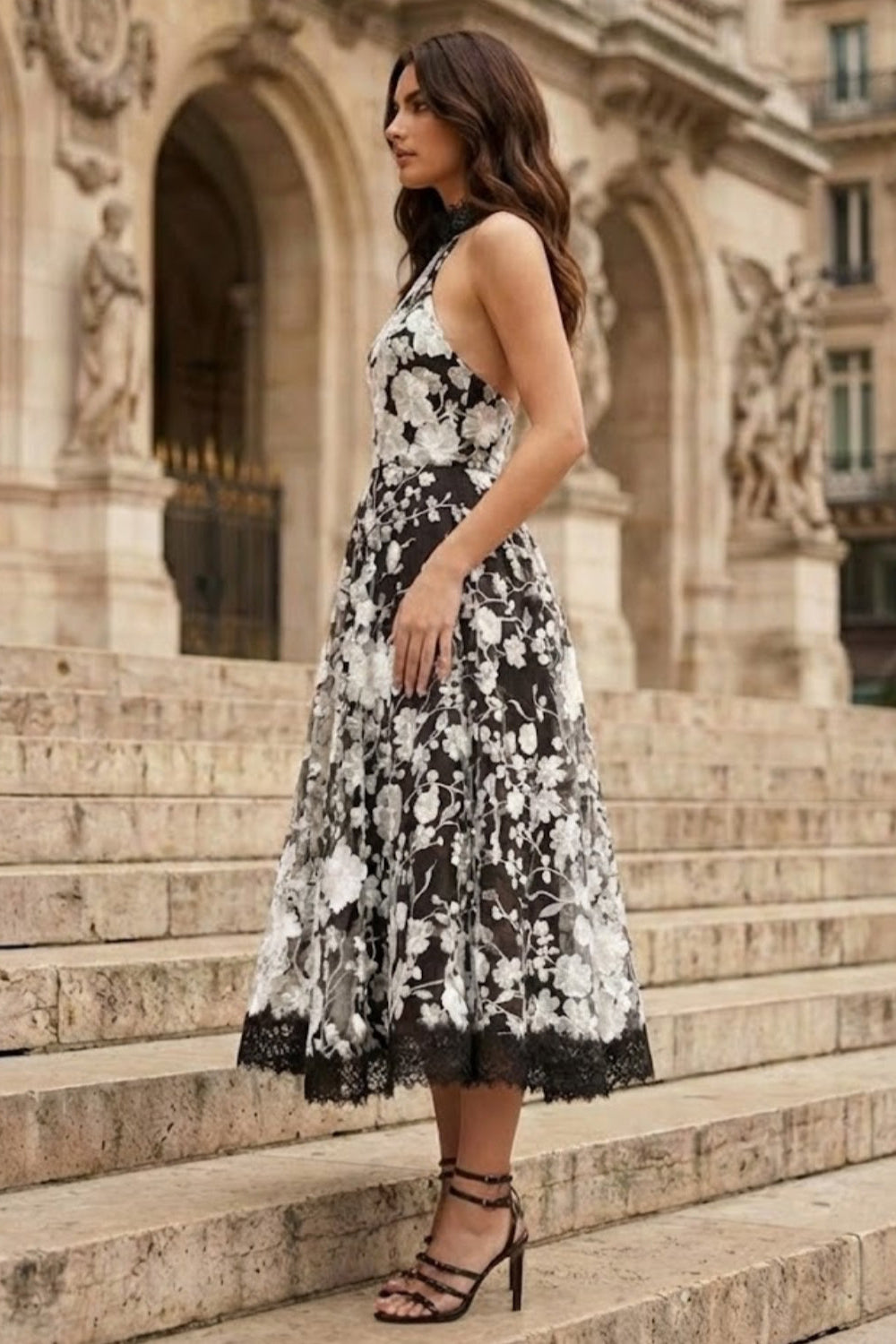 Brown A Line High Neck Midi Prom Dress with Floral Embroidery