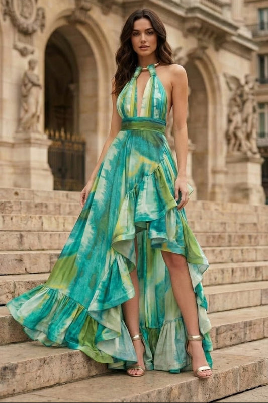 Green Print A Line Halter Long Prom Dress with Ruffle