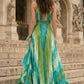 Green Print A Line Halter Long Prom Dress with Ruffle