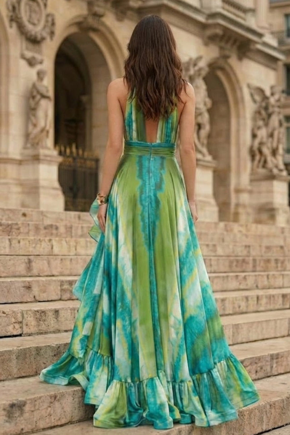 Green Print A Line Halter Long Prom Dress with Ruffle