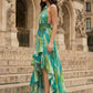 Green Print A Line Halter Long Prom Dress with Ruffle