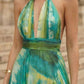 Green Print A Line Halter Long Prom Dress with Ruffle