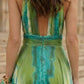 Green Print A Line Halter Long Prom Dress with Ruffle