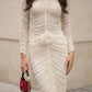 White Bodycon High Neck Long Prom Dress with 3D Flowers