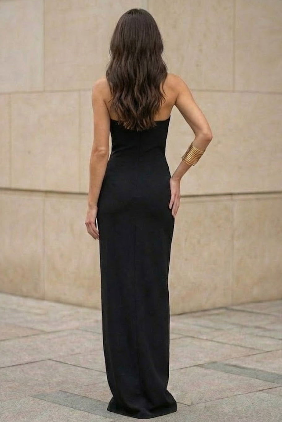 Black Sheath Strapless Long Prom Dress with Cut Out