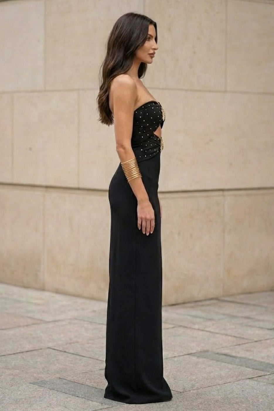 Black Sheath Strapless Long Prom Dress with Cut Out