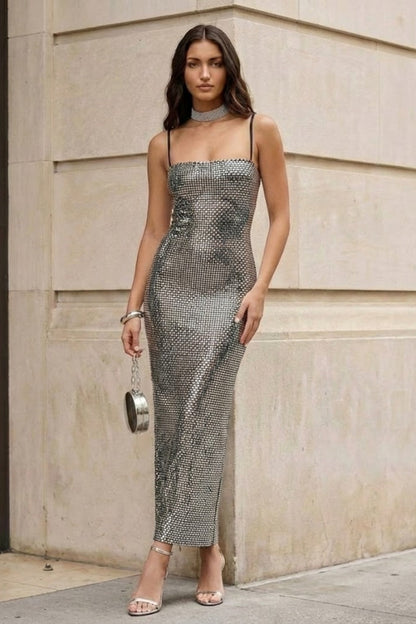 Sparkly Silver Sheath Spaghetti Straps Long Evening Dress