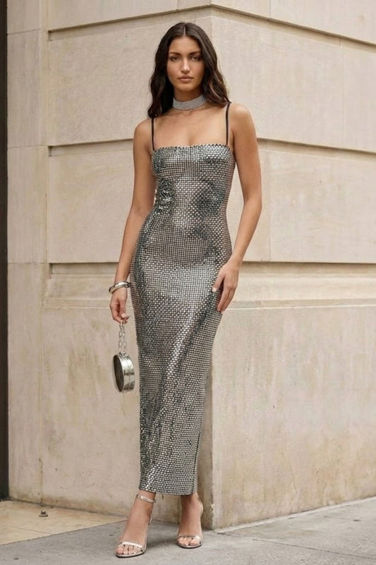 Sparkly Silver Sheath Spaghetti Straps Long Evening Dress