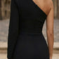 Black Sheath One Shoulder Long Formal Dress with Slit