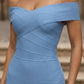 Simple Blue Bodycon Off the Shoulder Short Prom Dress with Slit