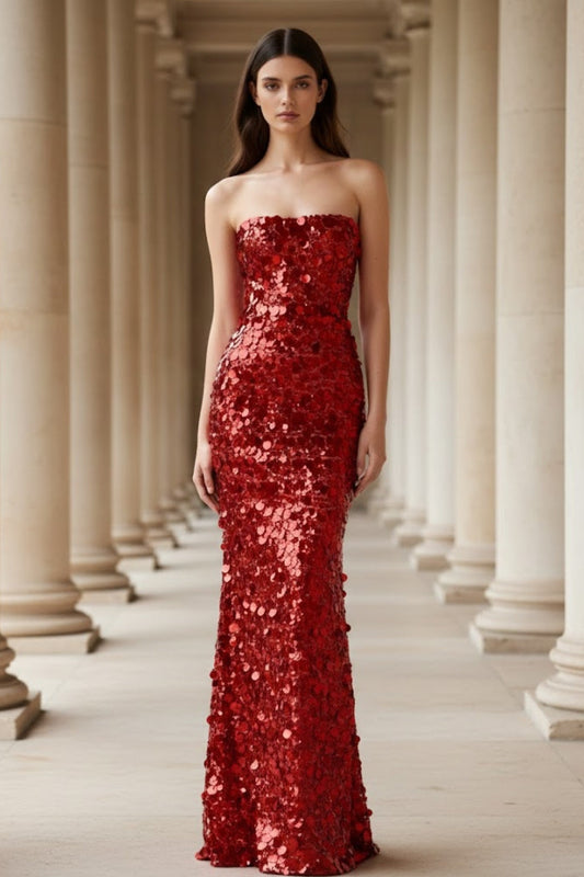 Sequin Red Mermaid Strapless Sparkly Long Formal Dress