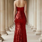 Sequin Red Mermaid Strapless Sparkly Long Formal Dress