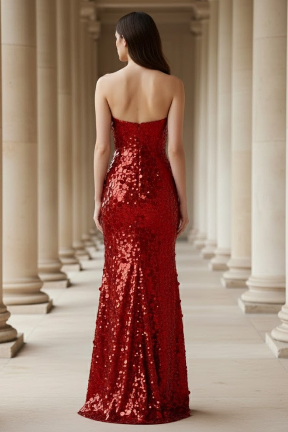 Sequin Red Mermaid Strapless Sparkly Long Formal Dress