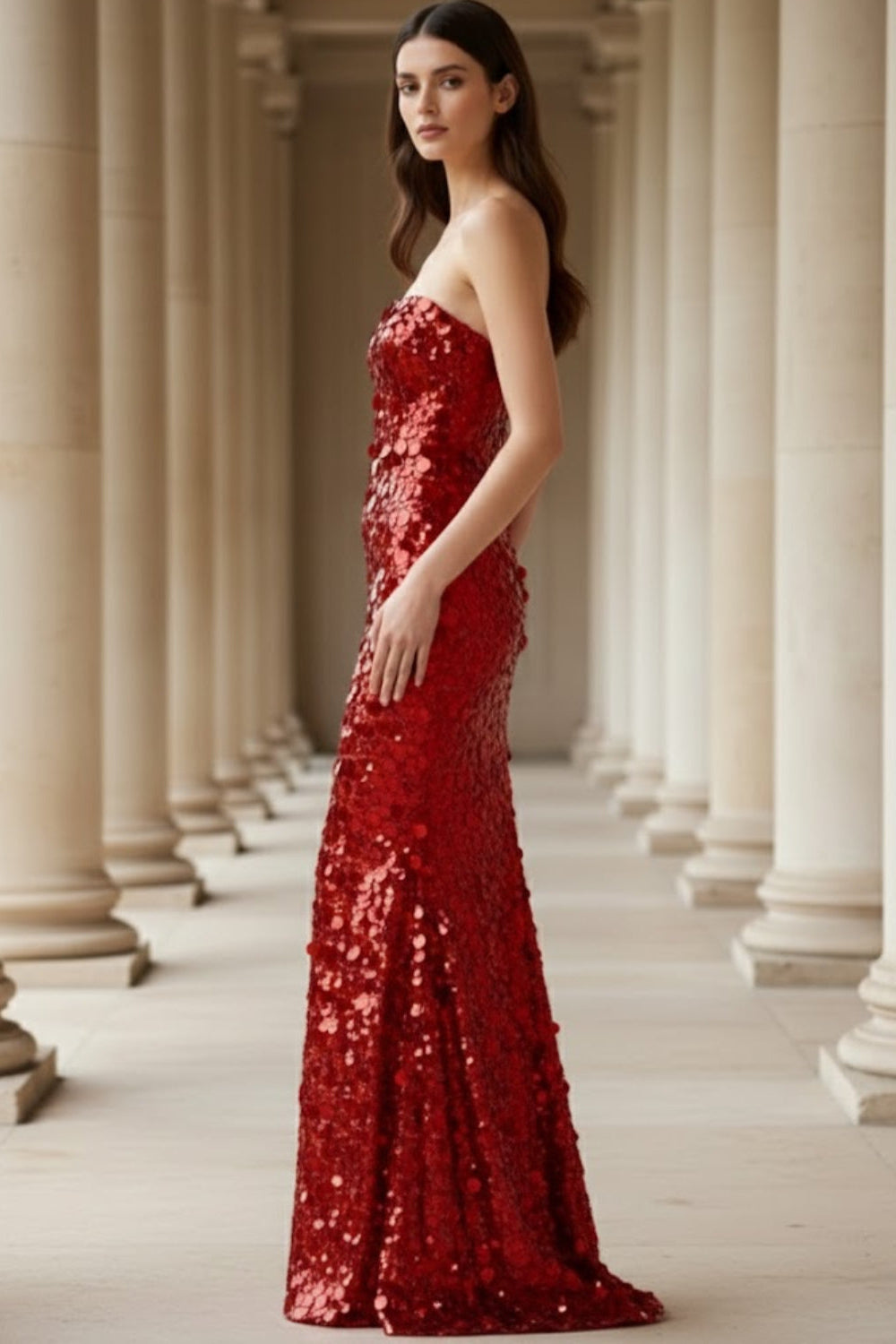 Sequin Red Mermaid Strapless Sparkly Long Formal Dress