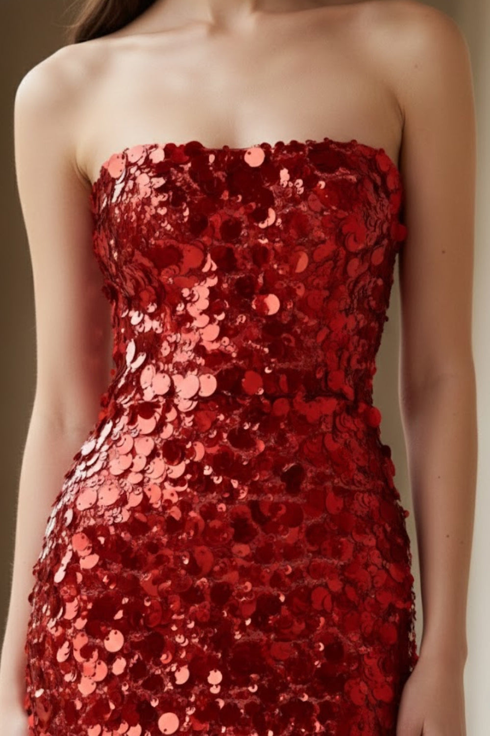 Sequin Red Mermaid Strapless Sparkly Long Formal Dress