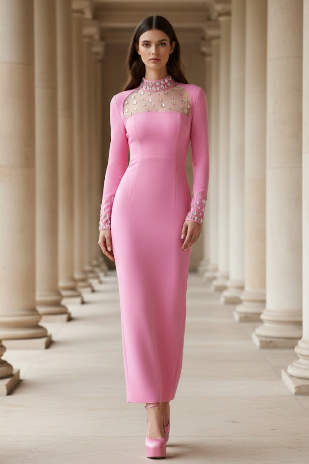 Fuchsia Bodycon High Neck Long Prom Dress with Rhinestone