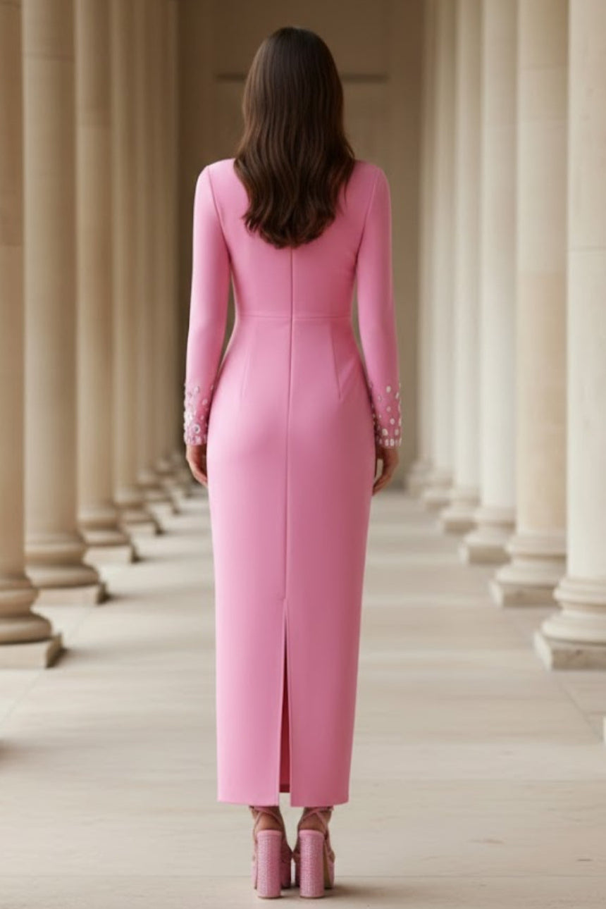 Fuchsia Bodycon High Neck Long Prom Dress with Rhinestone