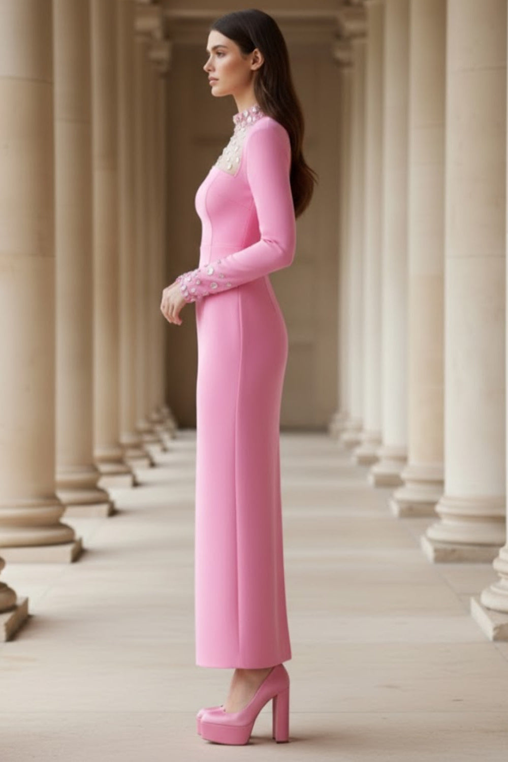 Fuchsia Bodycon High Neck Long Prom Dress with Rhinestone