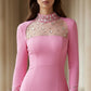 Fuchsia Bodycon High Neck Long Prom Dress with Rhinestone