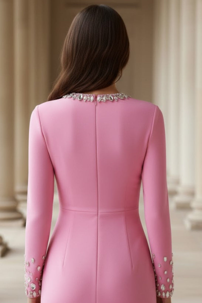 Fuchsia Bodycon High Neck Long Prom Dress with Rhinestone
