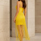 Yellow Sheath Spaghetti Straps Long Prom Dress with Fringes