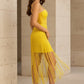 Yellow Sheath Spaghetti Straps Long Prom Dress with Fringes