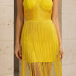 Yellow Sheath Spaghetti Straps Long Prom Dress with Fringes