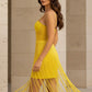 Yellow Sheath Spaghetti Straps Long Prom Dress with Fringes
